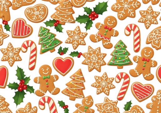 Seamless pattern of assorted gingerbread cookies including gingerbread man, tree, star, candy cane, and holly isolated on transparent background