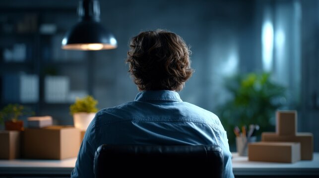 Man Working Late Night Office Shipping Order