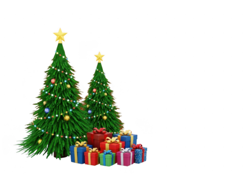 Two decorated christmas trees with a pile of colorful gift boxes and presents isolated on transparent background