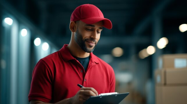 Delivery Worker Filling Out Form in Logistics Warehouse