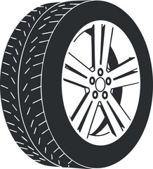 Fototapeta premium Stylized black and white vector illustration of a car tire and wheel for automotive branding and design projects