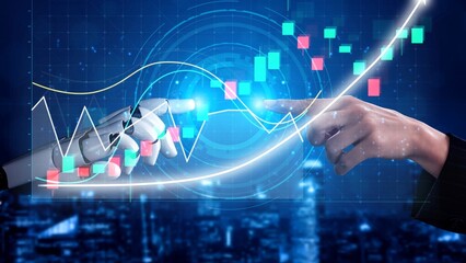 A captivating scene showing a human hand and a robot hand reaching toward a glowing visualization of stock market trends. Represents technology, finance, and innovation. Copula