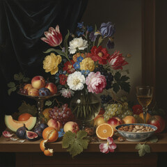 A photorealistic still life of fruits and flowers in the style of the Dutch masters. © Oleg Zhukov