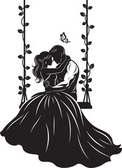 Silhouette of Couple Embracing on Swing with Leaves and Butterfly Decoration