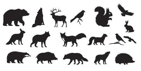 Naklejka premium Silhouette collection of forest animals, bear, wolf, deer, fox, and more