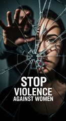 Distressed woman's face seen through cracked glass, blurred man's aggressive hand reaching from behind, representing domestic violence against women, urgent plea to stop all abuse.