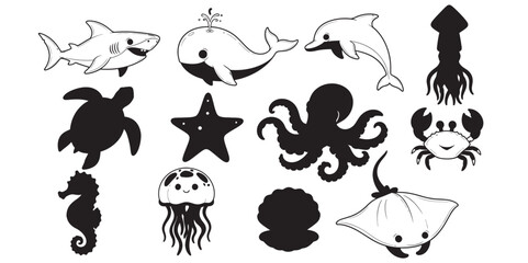 Collection of cute sea creatures, hand-drawn line art