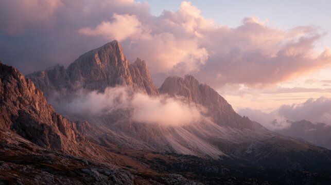 Landscape photograph of a mountain range at sunrise or sunset. the sky is filled with fluffy white clouds that are illuminated by the warm light of the setting sun.