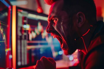Stressed man screaming at trading screens losing money