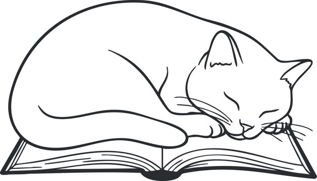 Outline vector illustration of a sleeping cat curled up on an open book, perfect for pet lovers and literary themes
