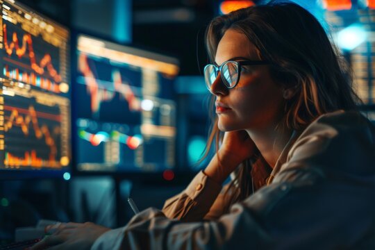 Woman analyzing financial data on multiple stock market screens