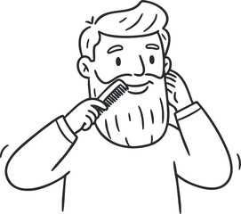 Line art vector illustration of a man grooming his beard with a comb, ideal for beauty and personal care concepts