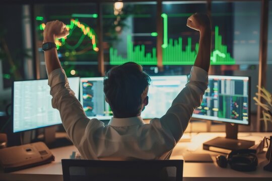 Trader celebrating financial success in night office with multiple trading screens