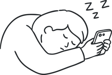 Outline vector illustration of a tired person resting their head on a smartphone while sleeping, symbolizing digital fatigue and relaxation.
