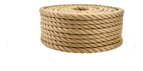 Coil of thick manila rope natural fiber cord nautical and industrial use isolated on white