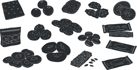 Naklejka premium Collection of hand-drawn vector illustrations of various snacks and desserts for food packaging and branding projects