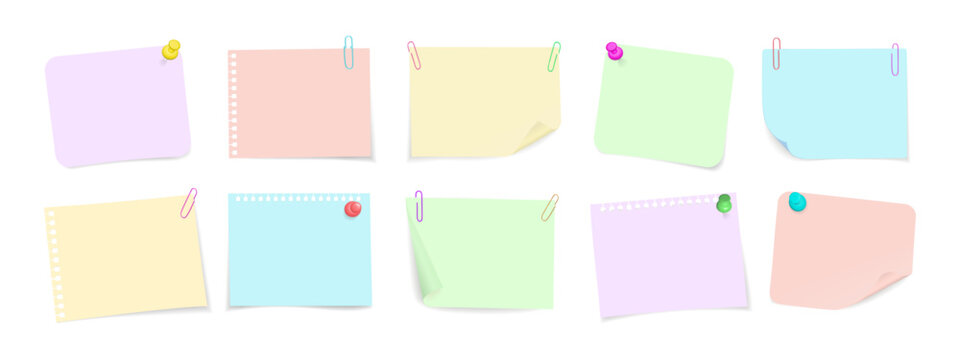 Set of sticky notes with push pins and paper clips. Realistic 3D vector collection of memo papers with curled corners isolated.