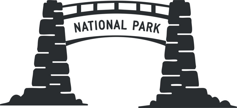 Stylized black vector illustration of a bridge with 'National Park' text, ideal for outdoor adventure branding and signage