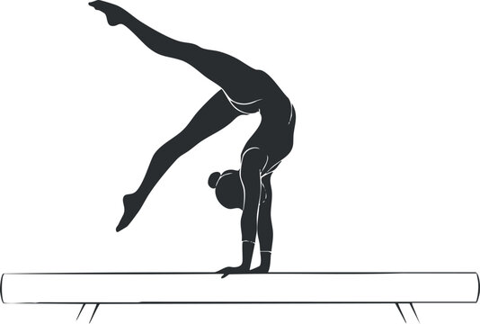 Stylish black and white vector illustration of a gymnast performing a handstand on a balance beam for sports and fitness design.