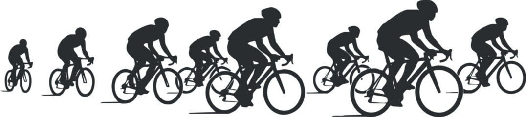 Naklejka premium Dynamic silhouette vector illustration of cyclists in motion, ideal for sports and fitness branding or design projects