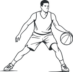 Fototapeta premium Outline vector illustration of a male basketball player dribbling a ball in a dynamic pose for sports design