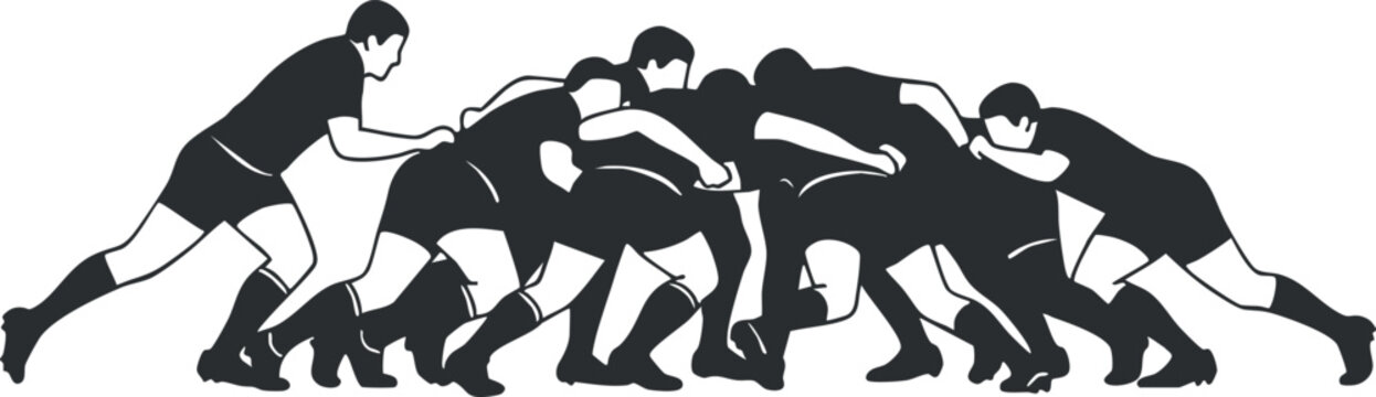 Dynamic black and white vector illustration of rugby players engaged in a scrum, perfect for sports branding and design projects