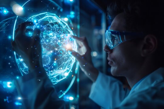 Scientist interacting with global data network and futuristic technology