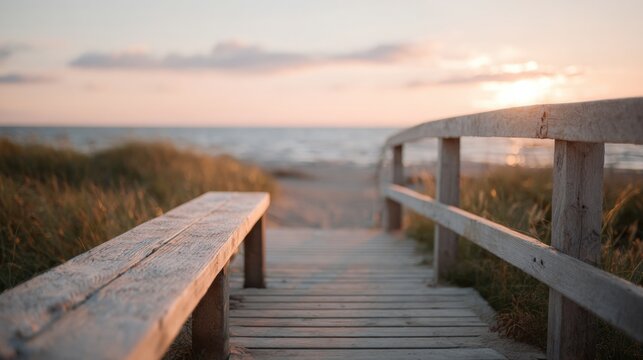 Wooden boardwalk leading to the beach at sunset. the boardwalk is made of light-colored wood and has a wooden railing on both sides.