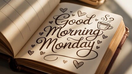Good Morning Monday message in an open book with hearts