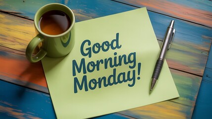 Good Morning Monday message on a desk with coffee and pen