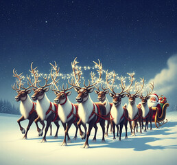 Rennes tirant le traineau du P&egrave;re-No&euml;l dans la neige