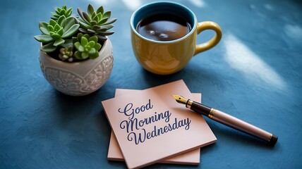 Good morning Wednesday with coffee succulent and fountain pen still life