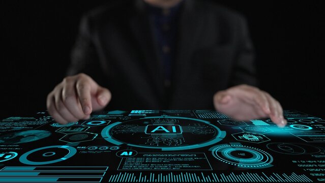A person engages with a futuristic digital interface showcasing artificial intelligence concepts, emphasizing innovation and technology in a dark environment. Cipher