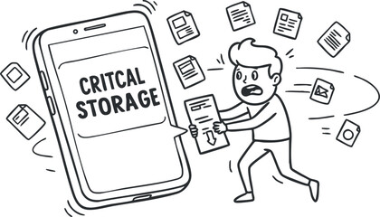 Cartoon vector illustration depicting critical storage concept with a smartphone and a user managing documents and data.