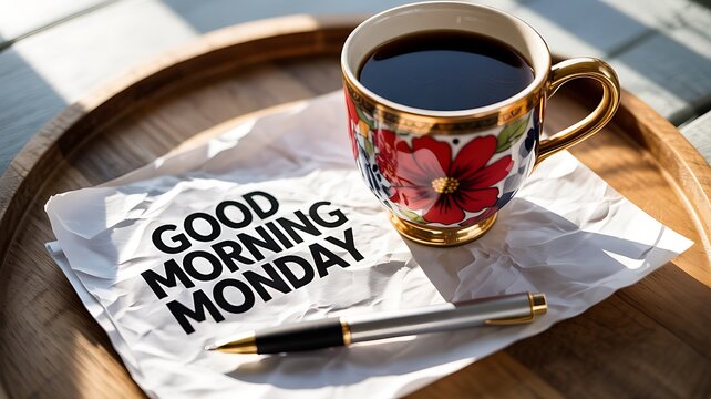 Morning coffee and Monday motivation concept on a wooden tray - Powered by Adobe