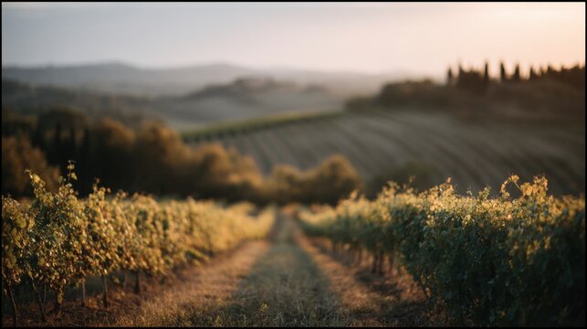 Landscape photograph of a vineyard at sunset. the sky is a beautiful orange and pink hue, and the sun is setting in the background, casting a warm glow over the horizon.