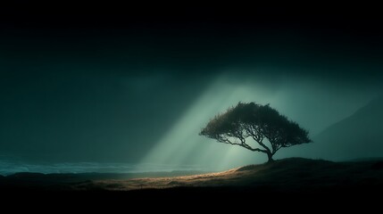 Dreamlike landscape foggy solitary tree high resolution picture