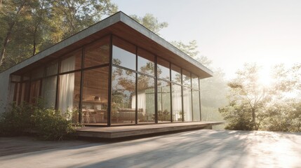 Modern house with a triangular roof and large glass windows. the house is surrounded by trees and greenery, and the sun is shining through the trees, creating a warm glow on the exterior of the house.