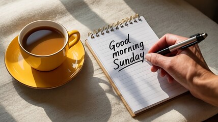 Relaxing Sunday Morning Concept with Coffee and Notebook on Table