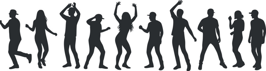 Obraz premium Dynamic silhouette vector illustration of diverse dancing figures showcasing movement and energy for party and entertainment themes