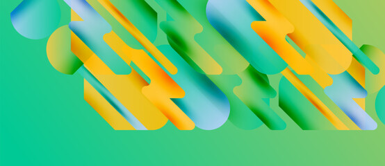 Abstract geometric shapes overlap, creating vibrant color gradients. Yellows, greens, blues blend seamlessly. Modern design element.