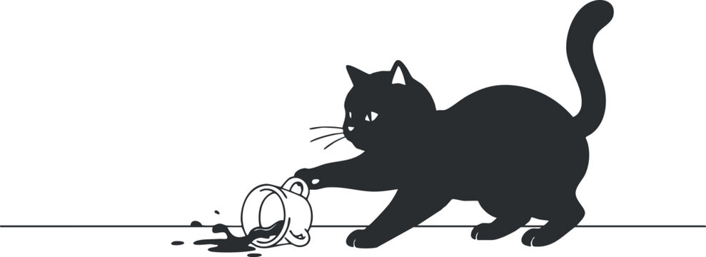 Playful black silhouette vector illustration of a cat knocking over a cup, ideal for humorous design projects