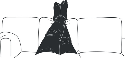 Minimalist black and white vector illustration of relaxed legs resting on a sofa, ideal for home and lifestyle themes