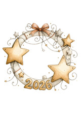 Watercolor Wreath Decoration with Stars, Bow, and New Year 2026 Typography Vector Illustration
