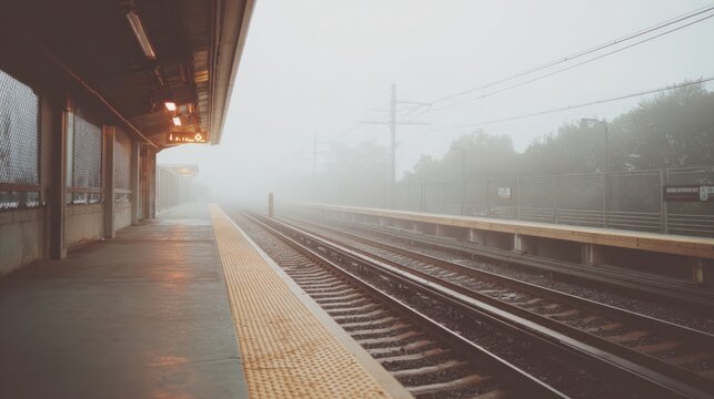 Train station platform with a railway track in the foreground. the platform is empty and the train tracks are visible in the background.