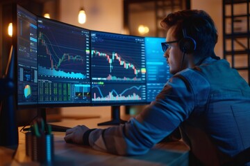 Trader analyzing financial data on multiple computer screens