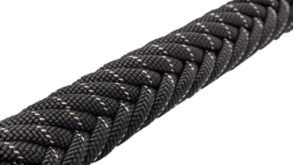 Close-up of a black braided rope strong and durable isolated on white background