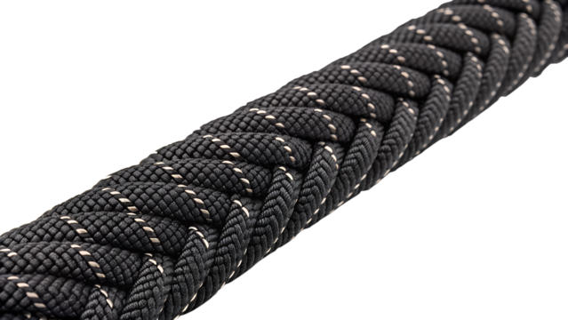 Close-up of a black braided rope strong and durable isolated on white background