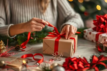 Woman hands wrapping christmas holiday gift with red ribbon