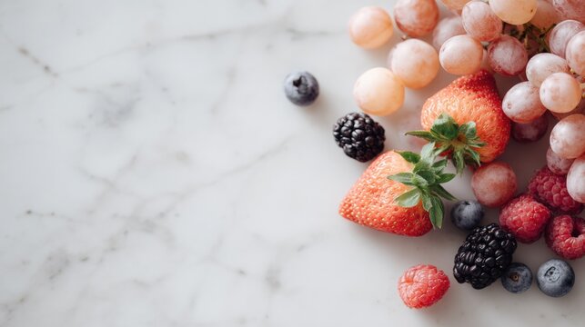 Flat lay of various fresh fruits on a white marble surface. on the right side of the image, there are a bunch of grapes in shades of pink and white, with a few blueberries scattered around them.